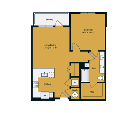 Floor plan for 1 bed, 1 bath, 878 sqft